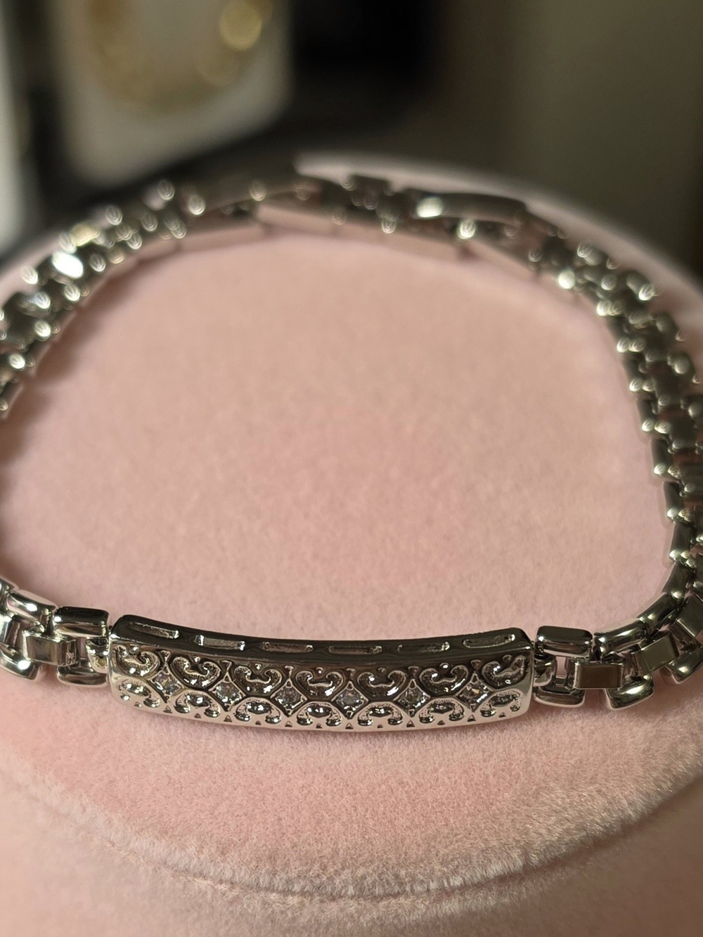 Silver Toned Filigree Link ID Bracelet